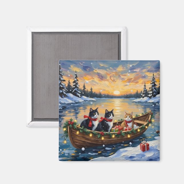 Tuxedo Cat Christmas Boat Holiday Magnet (Front/Back)