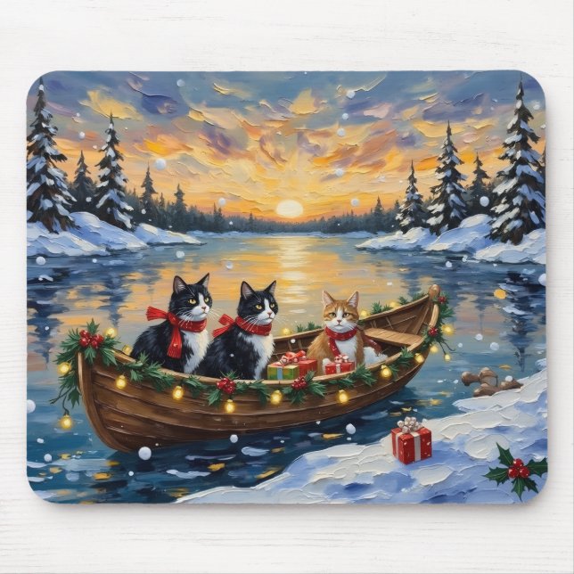 Tuxedo Cat Christmas Boat Holiday Mouse Mat (Front)