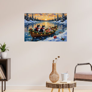 Tuxedo Cat Christmas Boat Holiday Poster