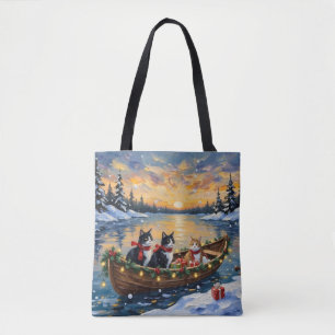 Tuxedo Cat Christmas Boat Holiday Tote Bag