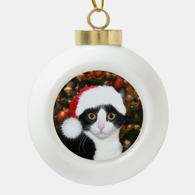 Tuxedo cat Christmas Ceramic Ball Christmas Ornament (Front)