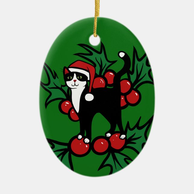 Tuxedo Cat Christmas Ceramic Tree Decoration (Front)