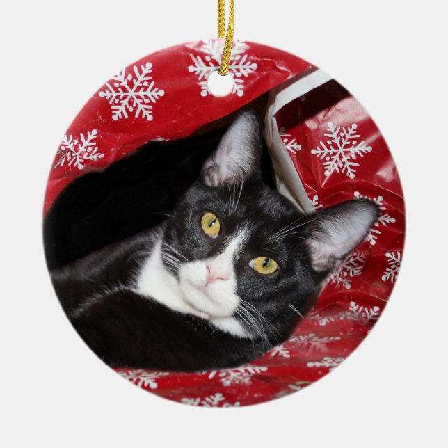 Tuxedo cat Christmas Ceramic Tree Decoration (Front)
