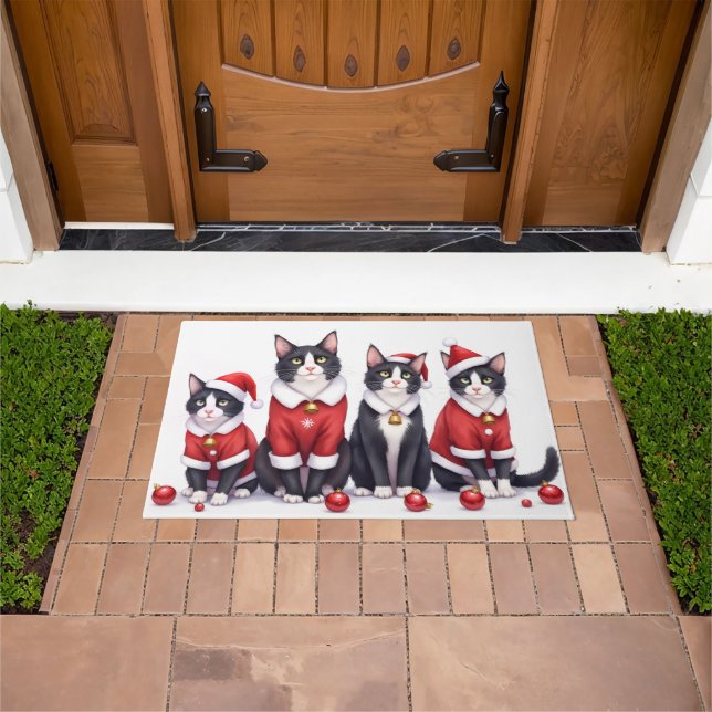 Tuxedo Cat Christmas Dress Santa Hat Doormat (Outdoor)