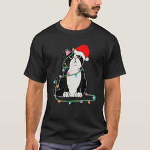 Tuxedo Cat Christmas Lights Cat Xmas Hat T-Shirt
