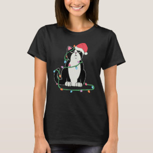 Tuxedo Cat Christmas lights cat xmas hat T-Shirt