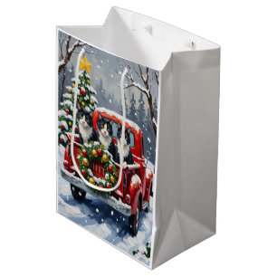 Tuxedo Cat Christmas Red Truck Holiday Medium Gift Bag