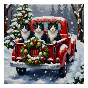 Tuxedo Cat Christmas Red Truck Holiday Poster