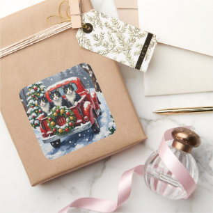 Tuxedo Cat Christmas Red Truck Holiday Square Sticker