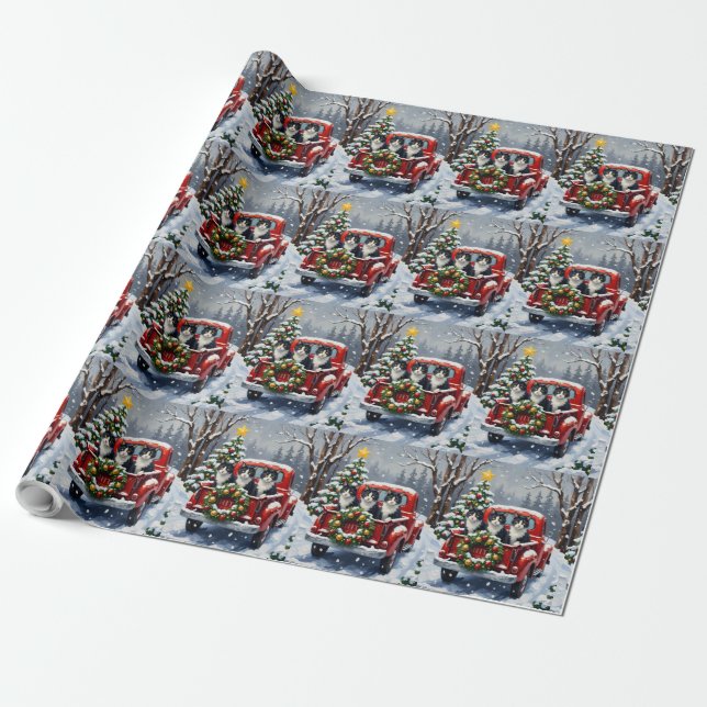 Tuxedo Cat Christmas Red Truck Holiday Wrapping Paper (Unrolled)