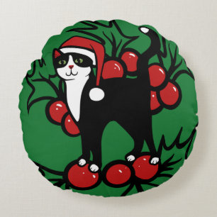 Tuxedo Cat Christmas Round Cushion