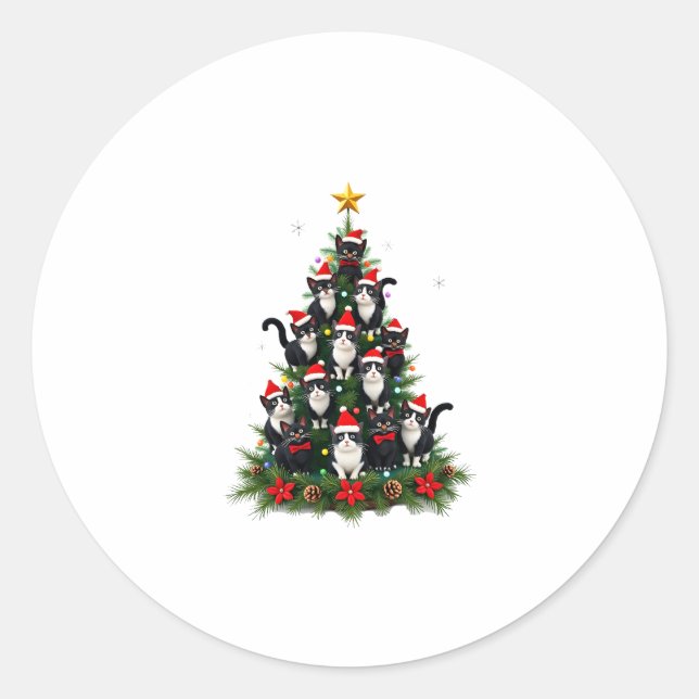 Tuxedo Cat Christmas Tree Tuxedo Cat Lights Xmas M Classic Round Sticker (Front)