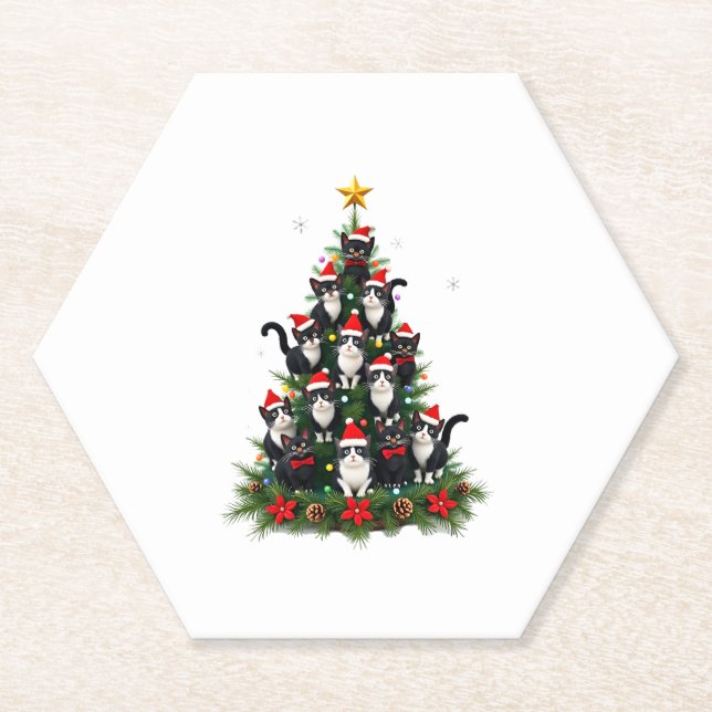 Tuxedo Cat Christmas Tree Tuxedo Cat Lights Xmas M Paper Coaster (Front)
