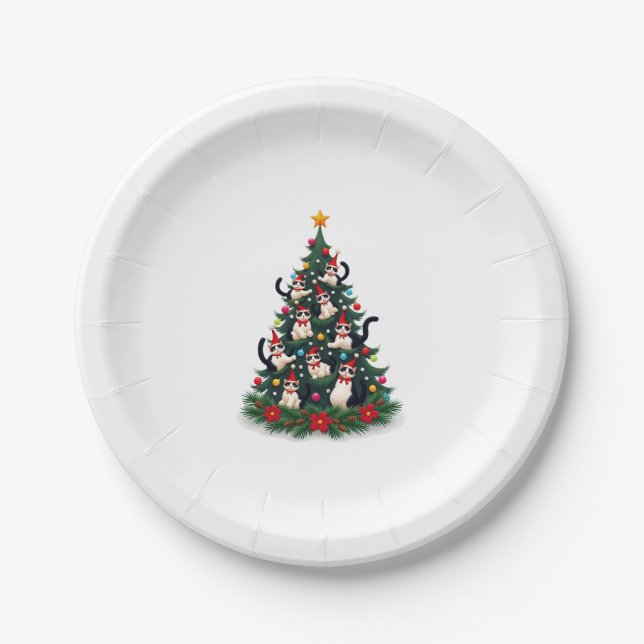 Tuxedo Cat Christmas Tree Tuxedo Cat Lights Xmas M Paper Plate (Front)