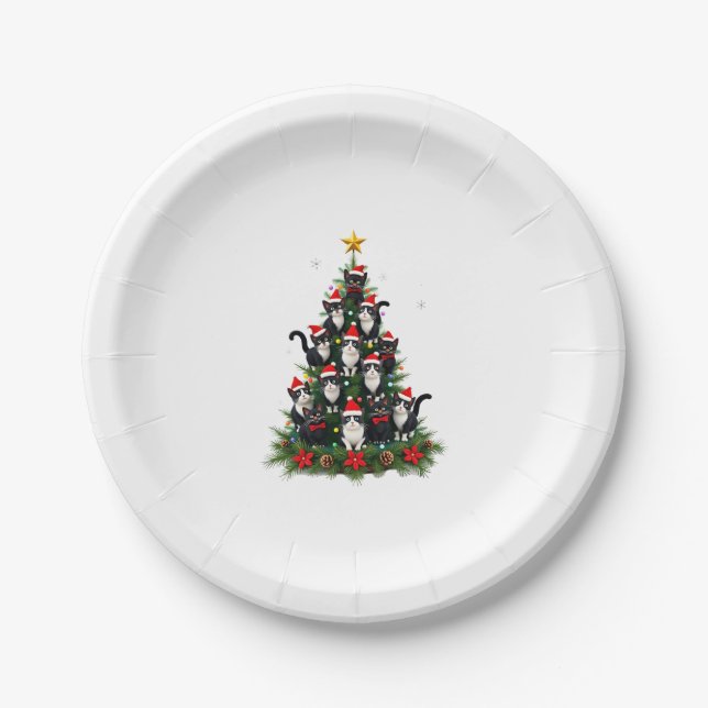 Tuxedo Cat Christmas Tree Tuxedo Cat Lights Xmas M Paper Plate (Front)
