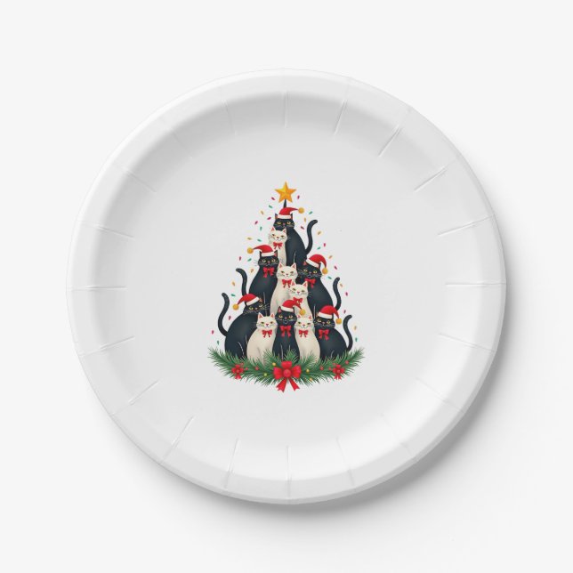 Tuxedo Cat Christmas Tree Tuxedo Cat Lights Xmas M Paper Plate (Front)
