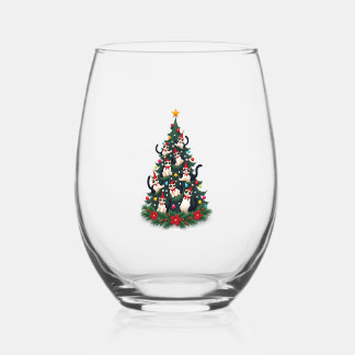 Tuxedo Cat Christmas Tree Tuxedo Cat Lights Xmas M Stemless Wine Glass