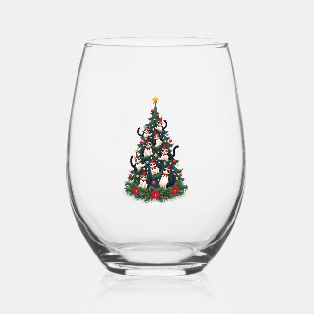 Tuxedo Cat Christmas Tree Tuxedo Cat Lights Xmas M Stemless Wine Glass (Front)