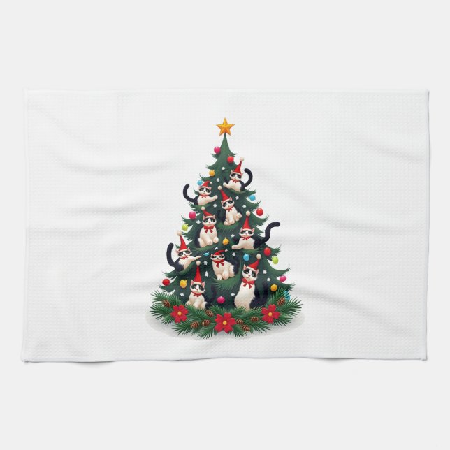 Tuxedo Cat Christmas Tree Tuxedo Cat Lights Xmas M Tea Towel (Horizontal)