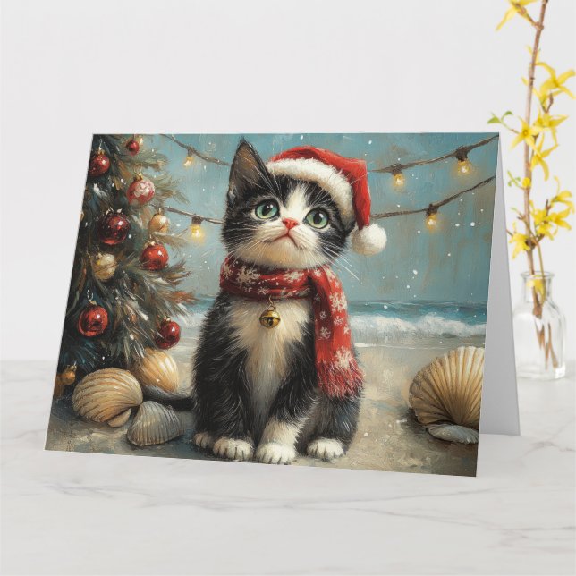 Tuxedo Cat Christmas Vintage Beach Card (Yellow Flower)
