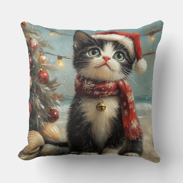 Tuxedo Cat Christmas Vintage Beach Cushion (Front)