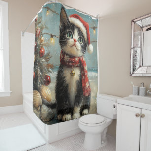 Tuxedo Cat Christmas Vintage Beach Shower Curtain