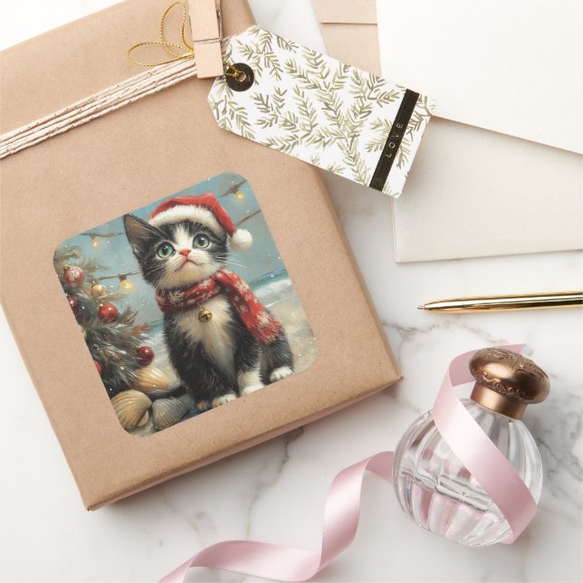 Tuxedo Cat Christmas Vintage Beach Square Sticker (Gifting)