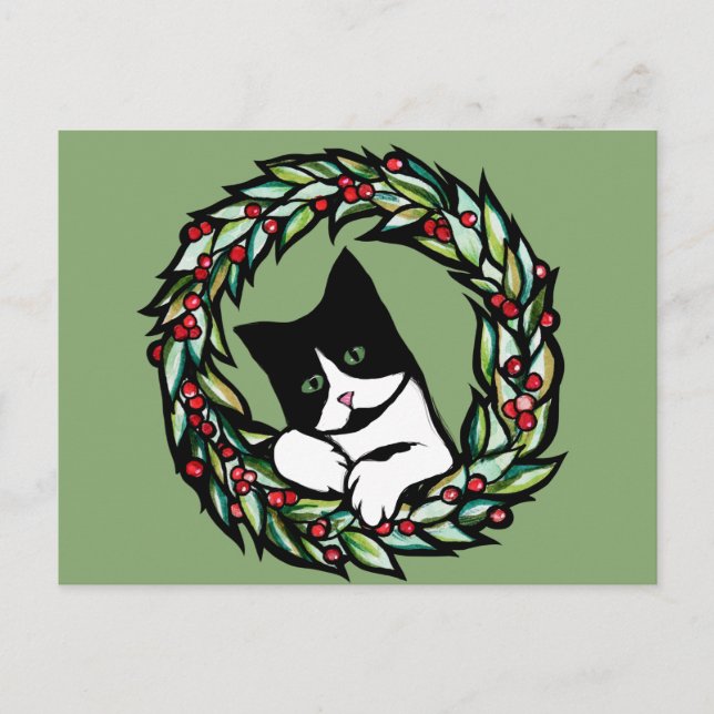 Tuxedo Cat Christmas Yule Holiday Cats Catmas Art  Postcard (Front)