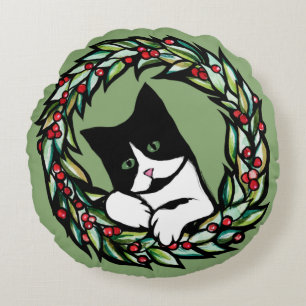Tuxedo Cat Christmas Yule Holiday Cats Catmas Art  Round Cushion