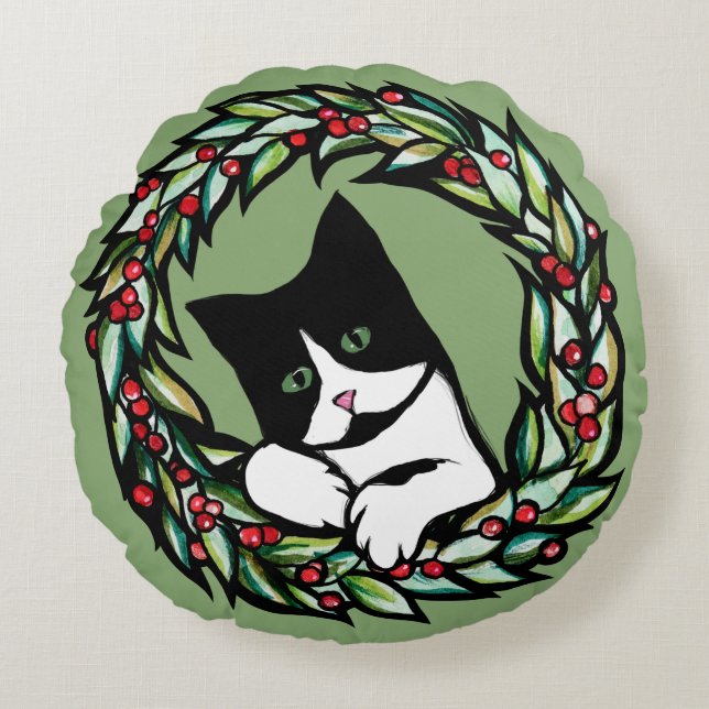 Tuxedo Cat Christmas Yule Holiday Cats Catmas Art  Round Cushion (Front)