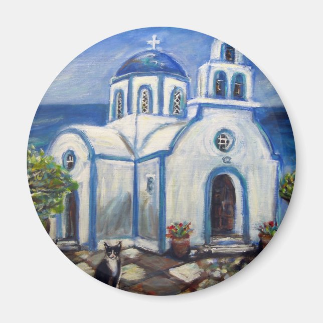 Tuxedo Cat Church on Greek Island painting Magnet (Front)