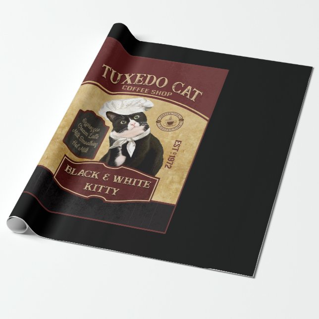 Tuxedo Cat Coffee Wrapping Paper (Unrolled)