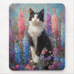 Tuxedo Cat Colourful Lupine Flowers Painting Mouse Mat