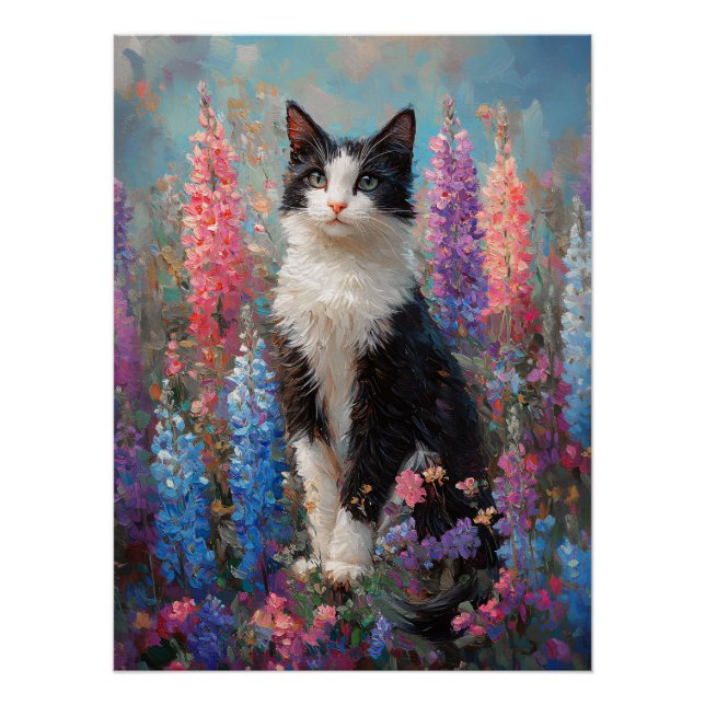 Tuxedo Cat Colourful Lupine Flowers Painting Poster (Front)