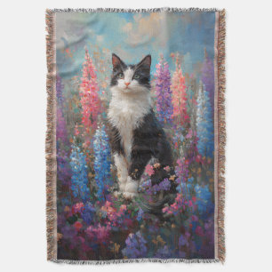 Tuxedo Cat Colourful Lupine Flowers Painting Throw Blanket