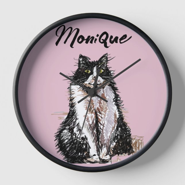Tuxedo Cat Cute Cats Black White Pastel Pink Clock (Front)