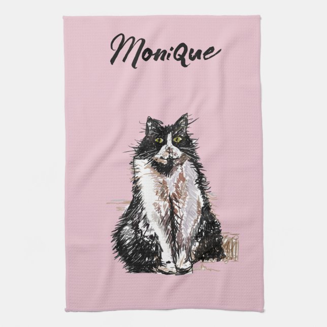 Tuxedo Cat Cute Cats Black White Pastel Pink Tea Towel (Vertical)