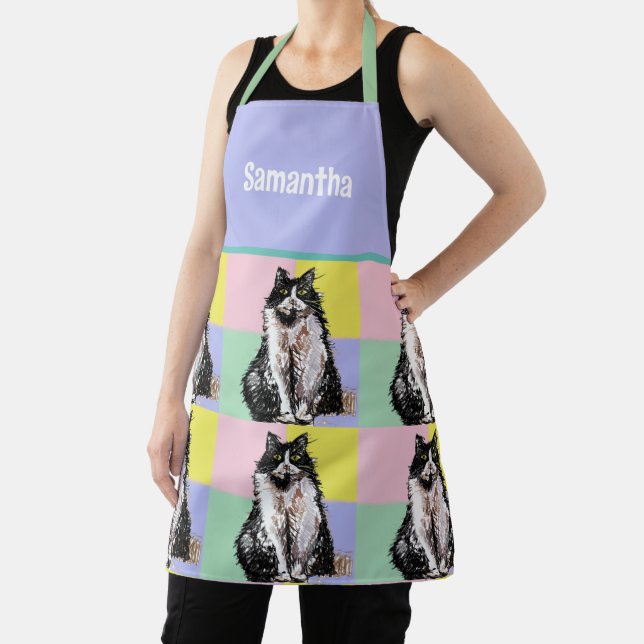 Tuxedo Cat Cute Cats Black White Pastel Rainbow Apron (Insitu)
