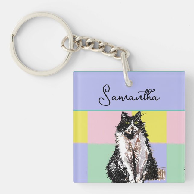 Tuxedo Cat Cute Cats Black White Pastel Rainbow Key Ring (Front)