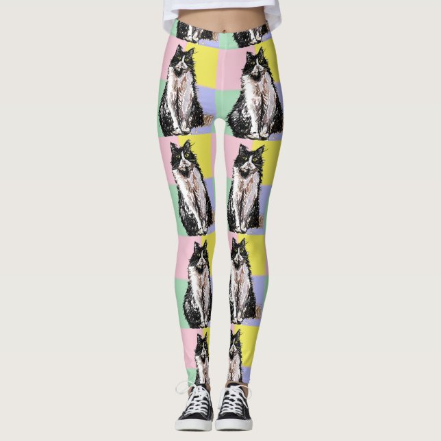 Tuxedo Cat Cute Cats Black White Pastel Rainbow Leggings (Front)