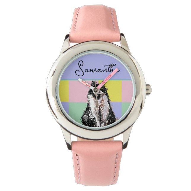 Tuxedo Cat Cute Cats Black White Pastel Rainbow Watch (Front)