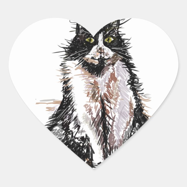 Tuxedo Cat Cute Drawing Black and White Cats Heart Sticker (Front)