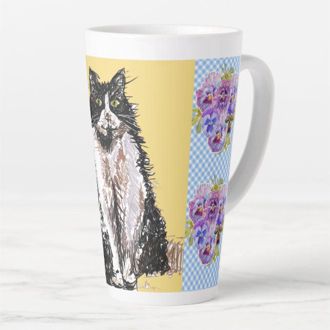 Tuxedo Cat Cute Drawing Black White Cats Latte Mug (Right Angle)