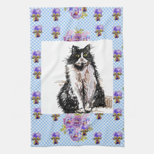 Tuxedo Cat Cute Drawing Black White Cats Tea Towel