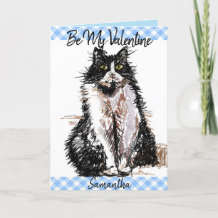 Tuxedo Cat Cute Drawing Black White Valentines Day Card