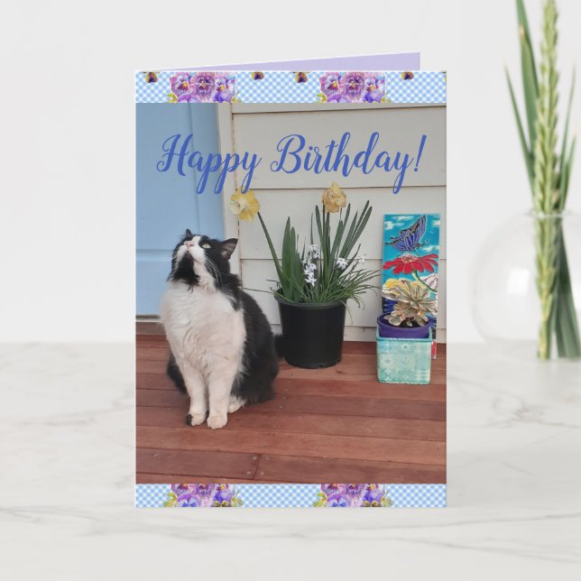 Tuxedo Cat Cute Funny Floral Happy Birthday Card (Front)