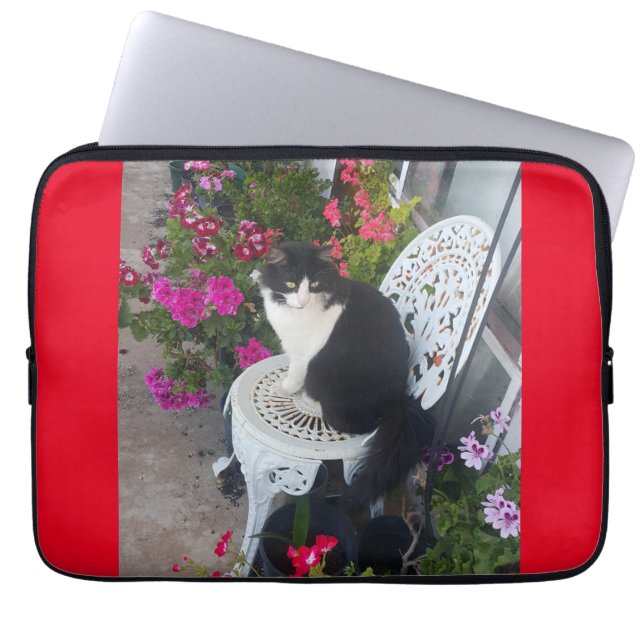 Tuxedo Cat Cute Pretty Flowers Cats Birthday Card Laptop Sleeve (Front)
