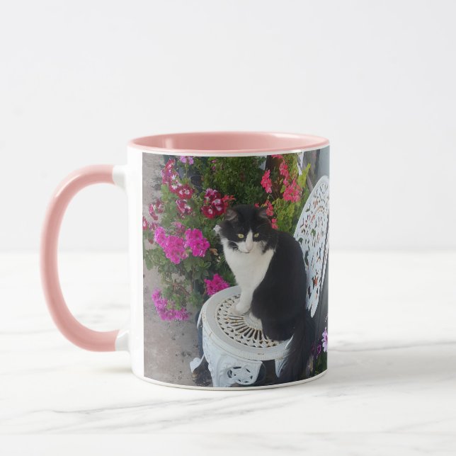 Tuxedo Cat Cute Pretty Flowers Cats Birthday Card Mug (Left)