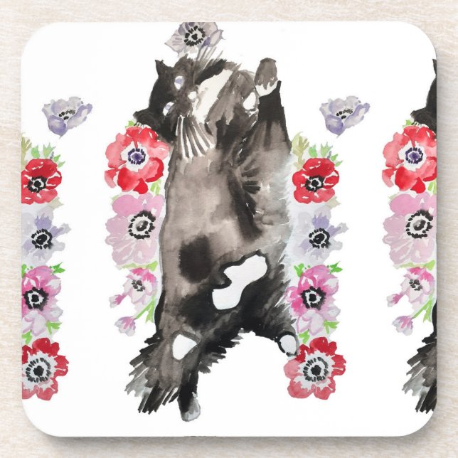 Tuxedo Cat Cute Pretty Flowers Cats Watercolor Coaster (Front)