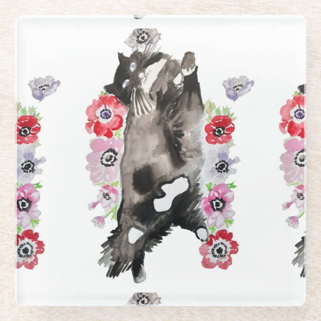 Tuxedo Cat Cute Pretty Flowers Cats Watercolor Glass Coaster (Front)